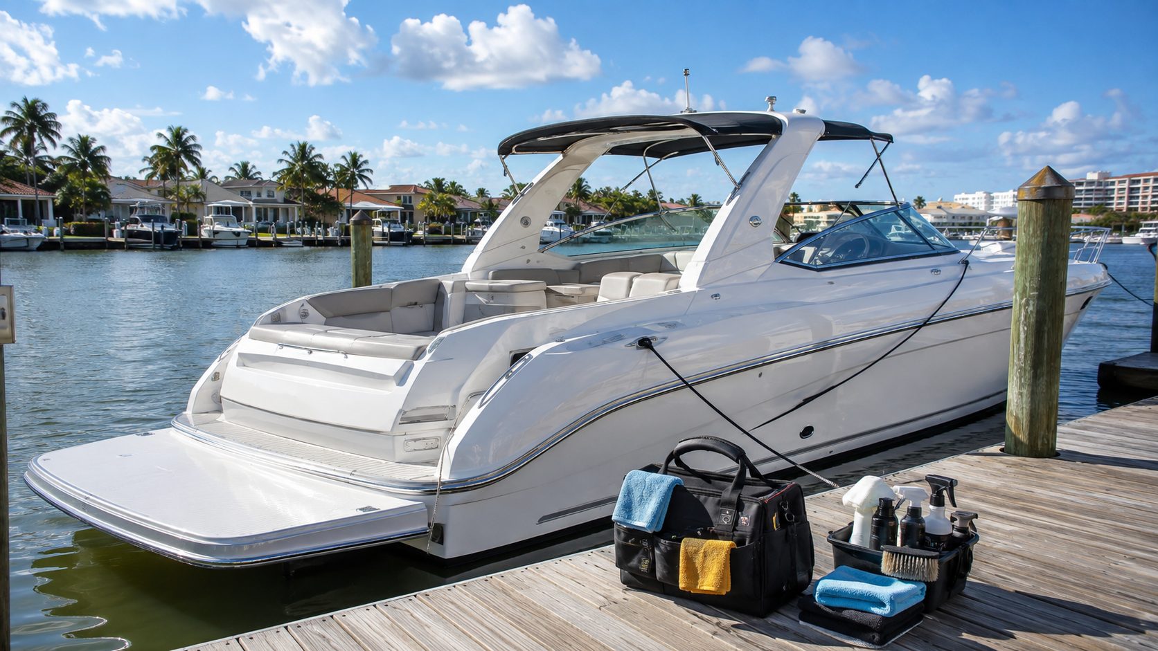 A boat at a dock with a service tool bag on the boards