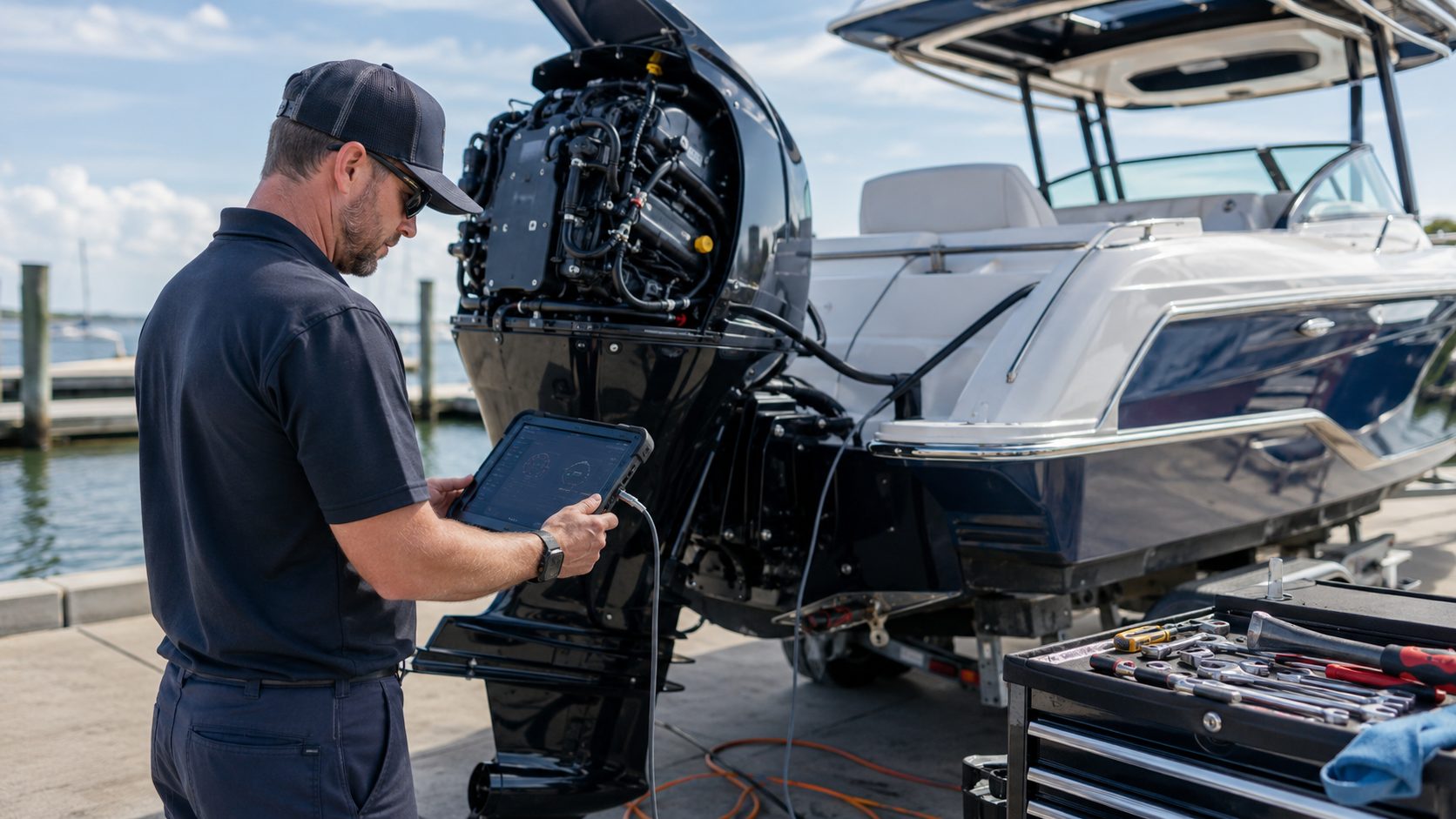 A technician reading live engine data on a tablet
