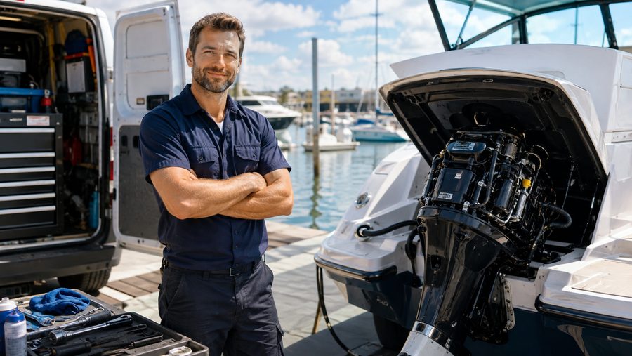 A technician standing beside a service van at a marina